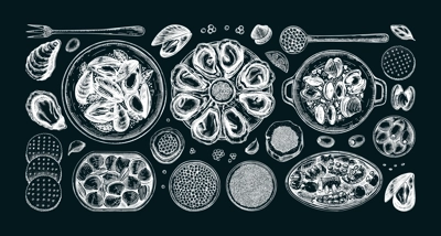 Seafood buffet illustrations collection in collage style. Hand drawn shellfish - mussels, oyster, shrimps, caviar, canned fish canape sketches. Mediterranean cuisine, restaurant menu, finger food part